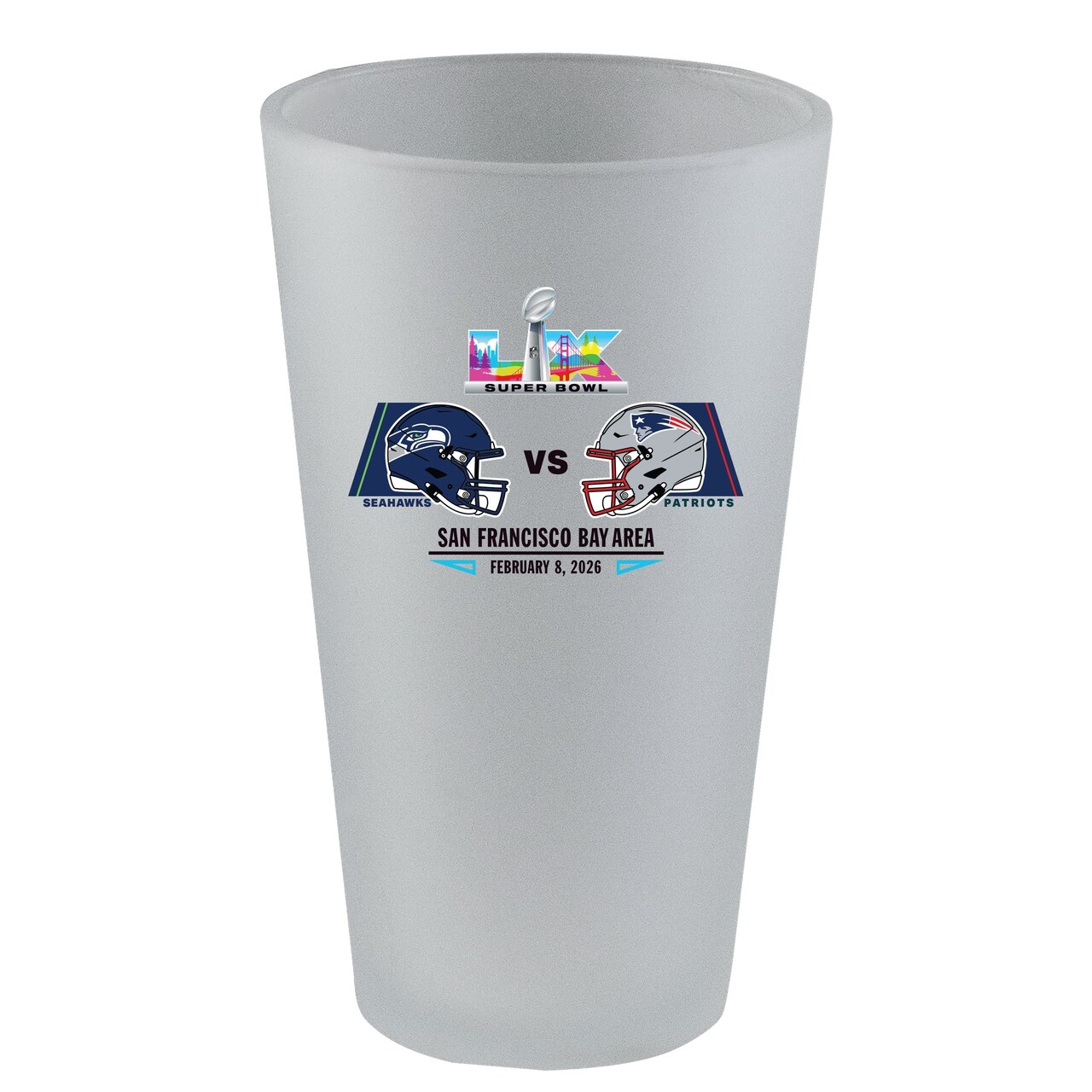 16oz White Frosted Pint Glass, Direct Print, Patriots vs. Seahawks, Super Bowl 60, Dueling, 2026